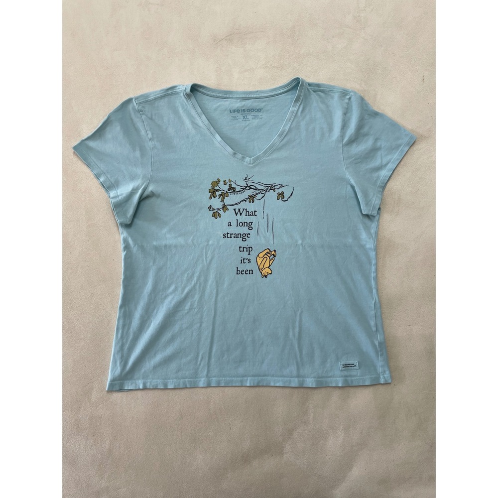 Life is Good Womens XL Blue Crusher V-Neck T-Shirt Bear Long Strange Trip Tee